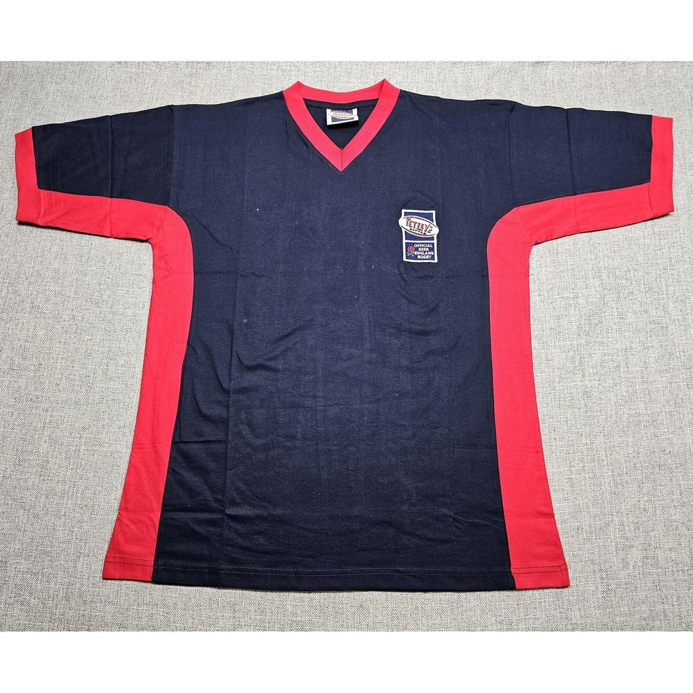 England Rugby Union Shirt Mens Large Navy Red Tetley's Bitter V Neck Cotton